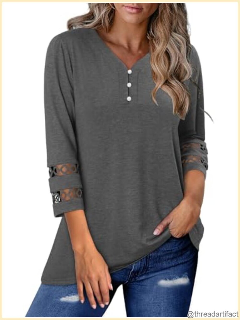Womens 3/4 Sleeve V-Neck Tunic Button Down Business Casual Lace Top